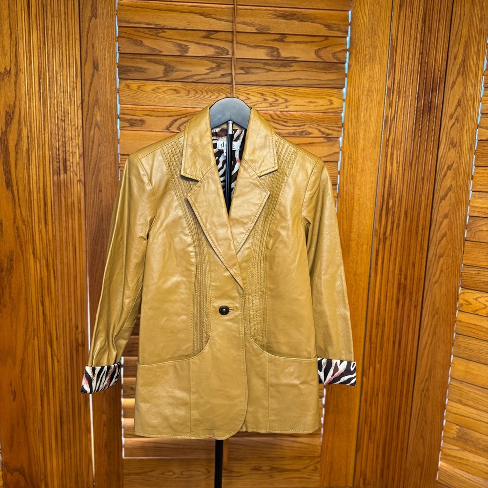 Denim & Co Womens Camel Tan Genuine Leather Blazer Zebra Print Lining XS